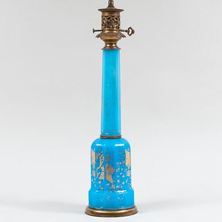 Gilt Decorated Blue Glass Opaline Table Lamp