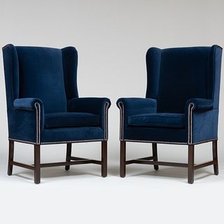 Pair of George III Style Ebonized and Velvet Upholstered Wing Chairs, Modern