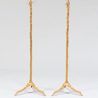 Pair of Gilt-Metal Palm Frond Cast Floor Lamps