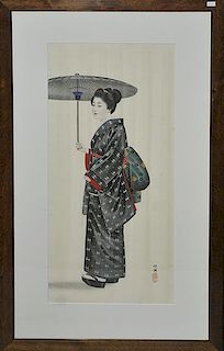 Signed Japanese watercolor on silk, elegant female figure with parasol, 28" x 12.5"