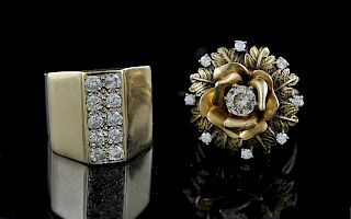 Two 14k yellow gold rings set with diamonds
