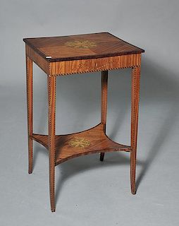 Delicate Edwardian satinwood sewing stand with oak leaf motifs