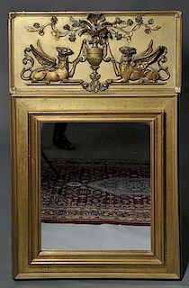 19th C. Continental wall mirror with removable carved crest depicting griffins surrounding a central urn, 43"H. x 26"W.