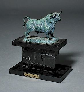 Bronze sculpture of bull, "Torito Desafiante" on black marble plinth