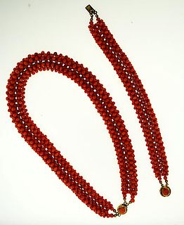 Victorian 16" coral bead necklace and matching 7.5" bracelet