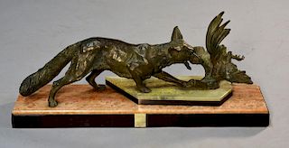 French Art-Deco bronze , fox and chicken on multi colored onyx base
