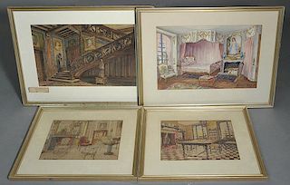 Grouping of four watercolors, interior scenes of French Palace "Manoir DEs Cailloirs", "Chateau La Monteillerie" and others