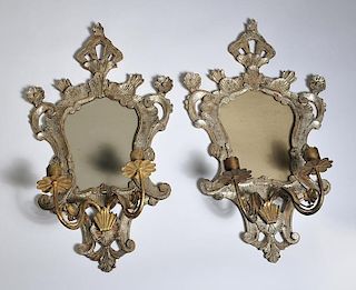 Pair of Italian Rococco style wall sconces with double brass candlearms, 23"H. x 10"W.