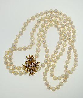 14k yellow gold pearl and diamond double strand necklace