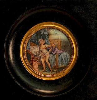 Naughty miniature on ivory, young couple in bedroom