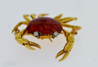 French 18k yellow gold enamel and diamond entremblant crab pin