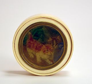 Fine miniature on ivory of two kittens mesmerized by a fish bowl