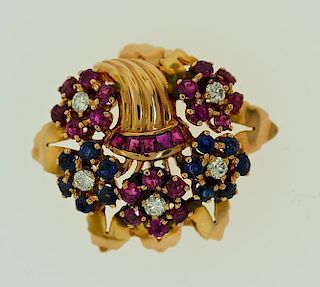 14k pink gold retro ruby, sapphire and diamond flower blossoms pin