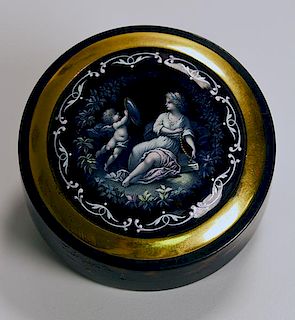 19th C. tortoise snuff box with Limoges enamel inset plaque of romantic woman with a cherub, French ca.1890