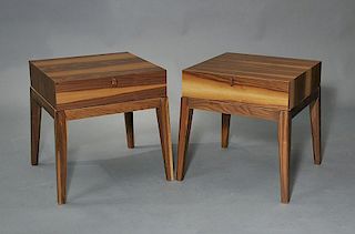 Pair of Huppe Meubles, Inc. (Canada) walnut one drawer stands in Modernist form
