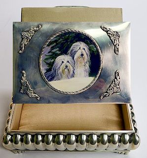 French Export silver jewelry box with inset miniature on ivory of two dogs in snowy landscape