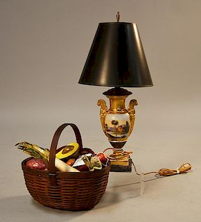 French Old Paris lamp with hickory and rush woven basket