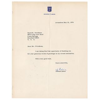 Yitzhak Rabin Typed Letter Signed