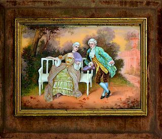 French Limoges enamel plaque of romantic couple signed