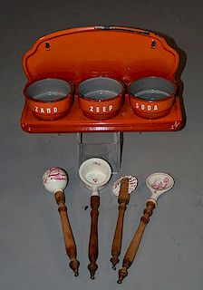 German enamel wall soup holder and four pieces wood and ceramic kitchen utensils