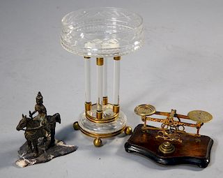 Brass and crystal pedestalled centerpiece, 19th C. brass scale and a 19th C. Thai brass figure on horseback