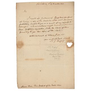 Aaron Burr Hand-Docketed Letter by Nicolas G. Dufief