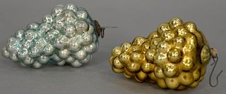 Two grape bunches German glass Christmas ornaments, one gold and one light blue, 19th century. ht. 4in.