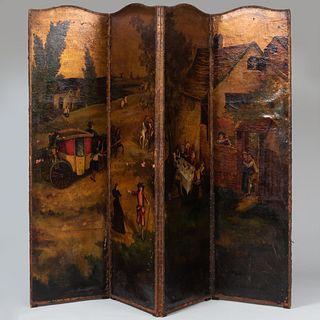 English Painted Leather Four Panel Figural Screen