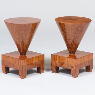 Pair of Modern Burlwood and Fruitwood Parquetry Low Tables