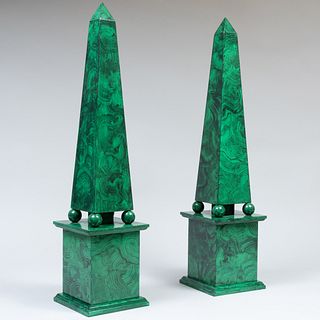 Pair of Tall Faux Painted Malachite Obelisks