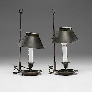 Brass Chamber Candlesticks with Tole Shades
