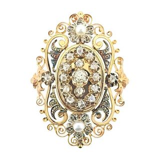Antique 18k Gold Silver Diamond Pearl Brooch Pendant