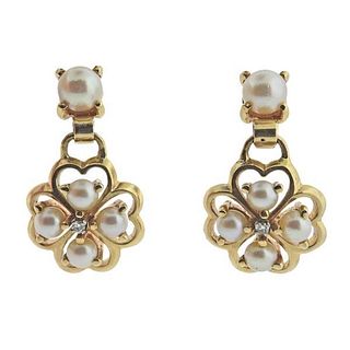 Vintage 14k Gold Diamond Pearl Drop Earrings