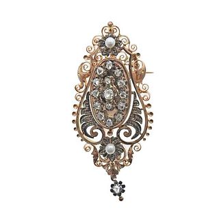 Antique 18k Gold Silver Diamond Pearl Brooch Pin