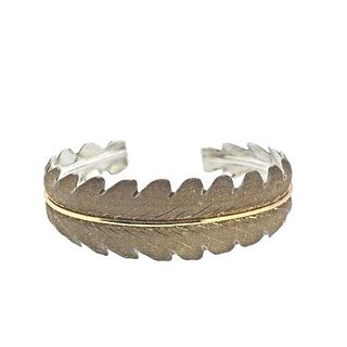 Buccellati Silver Gold Leaf Motif Cuff Bracelet 
