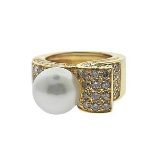 18k Gold Fancy White Diamond South Sea Pearl Ring