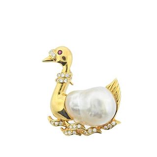 18k Gold Baroque Pearl Diamond Ruby Swan Brooch Pin