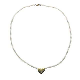 18k Gold Diamond Pearl Bead Heart Pendant Necklace 