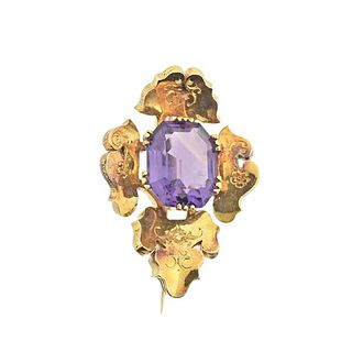 Antique 18k Gold Amethyst Brooch Pin