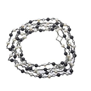David Yurman Silver Pearl Onyx Long Toggle Necklace 