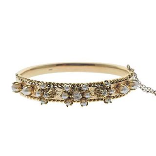 Antique 14k Gold Diamond Pearl Bangle Bracelet 