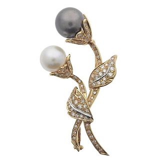 18k Gold Diamond Pearl Flower Brooch Pin