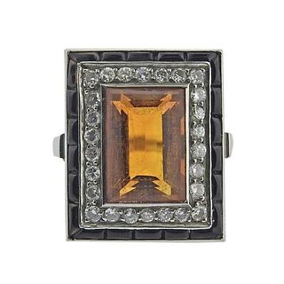 Art Deco Platinum Diamond Onyx Citrine Cocktail Ring