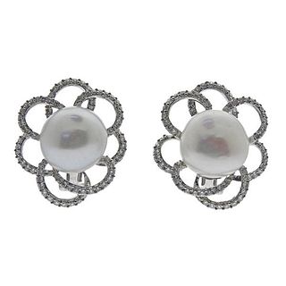 18k Gold Diamond Pearl Flower Earrings