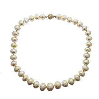 18k Gold Diamond South Sea Pearl Bead Necklace 