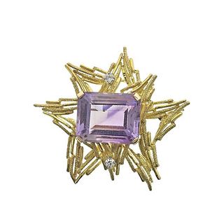18k Gold Diamond Amethyst Brooch Pin