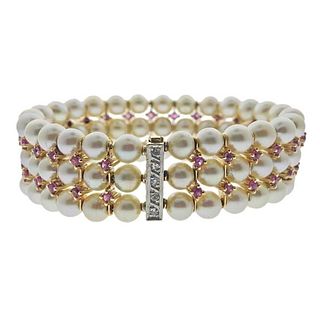 18k Gold Diamond Ruby Pearl 3 Row Bracelet 