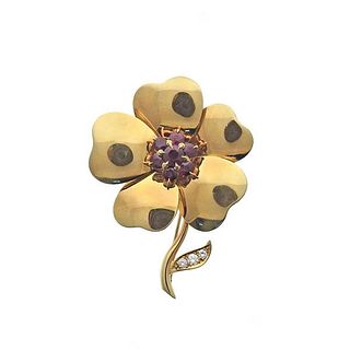 18k Gold Ruby Diamond Flower Brooch Pin