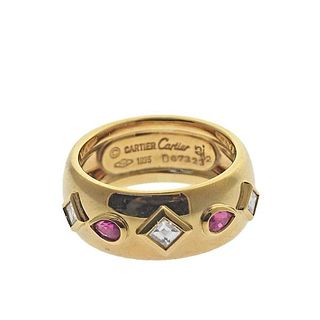 Cartier 18k Gold Diamond Ruby Band Ring Sz 52