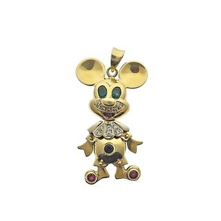 Italian 18k Gold Diamond Ruby Emerald Mickey Mouse Pendant